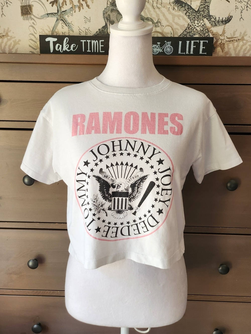Zara White Cropped Ramones Graphic Tee with Pink Print